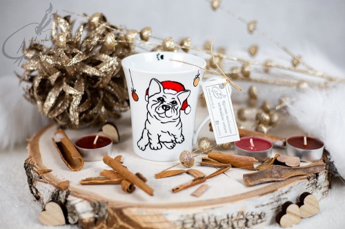 Wyjątkowy, mały, ręcznie malowany kubek buldożek francuski i Święta.