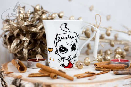Wyjątkowy, mały, ręcznie malowany kubek kot i Święta.