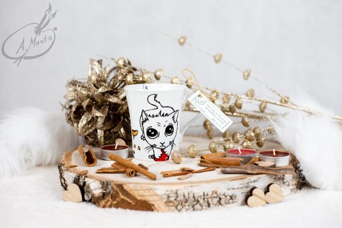 Wyjątkowy, mały, ręcznie malowany kubek kot i Święta.