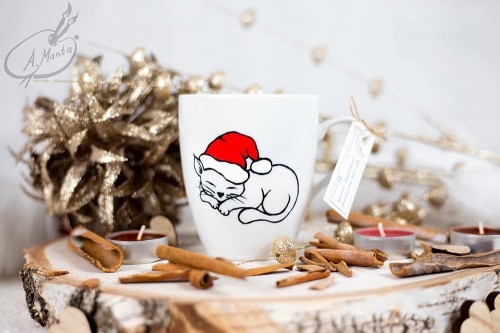 Wyjątkowy, ręcznie malowany kubek kot i Święta.