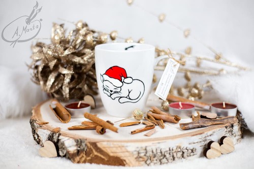Wyjątkowy, ręcznie malowany kubek kot i Święta.