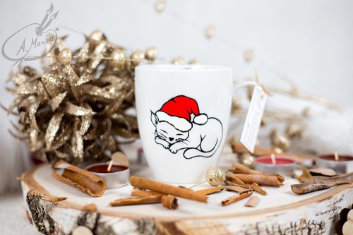 Wyjątkowy, ręcznie malowany kubek kot i Święta.