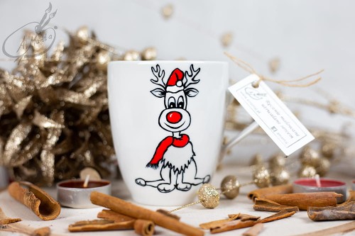 Wyjątkowy, ręcznie malowany kubek Renifer Święta.
