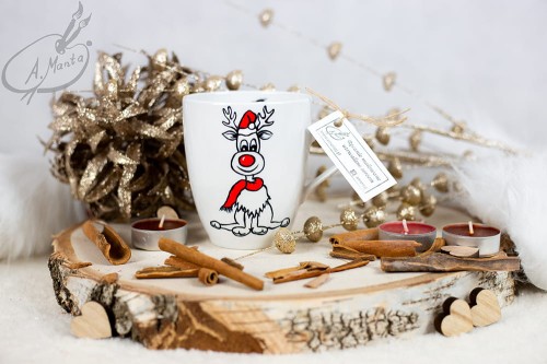 Wyjątkowy, ręcznie malowany kubek Renifer Święta.