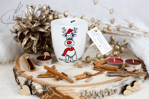 Wyjątkowy, ręcznie malowany kubek Renifer Święta.