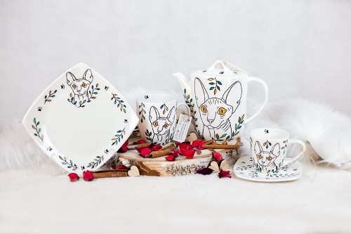 Wyjątkowy zestaw kawowy dla dwojga ręcznie malowany Kot Sfinks.
