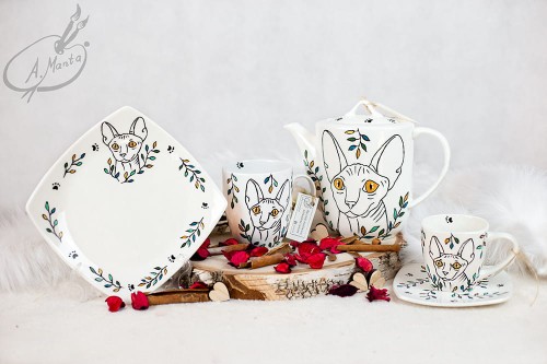 Wyjątkowy zestaw kawowy dla dwojga ręcznie malowany Kot Sfinks.
