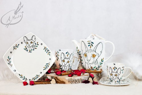 Wyjątkowy zestaw kawowy dla dwojga ręcznie malowany Kot Sfinks.