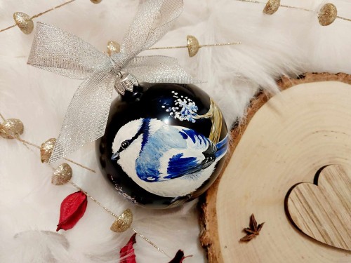 Wyjątkowa bombka choinkowa ręcznie malowana Ptak Sikorka Lazurowa