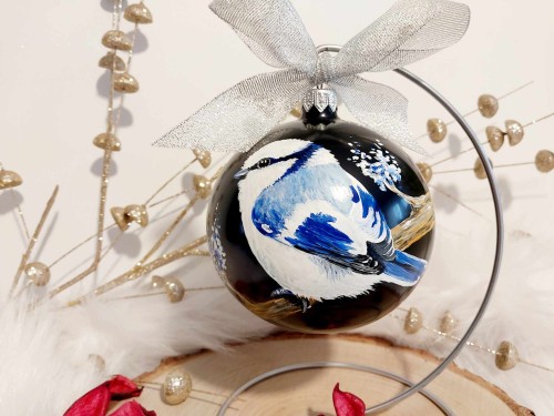 Wyjątkowa bombka choinkowa ręcznie malowana Ptak Sikorka Lazurowa