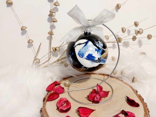 Wyjątkowa bombka choinkowa ręcznie malowana Ptak Sikorka Lazurowa