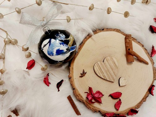 Wyjątkowa bombka choinkowa ręcznie malowana Ptak Sikorka Lazurowa