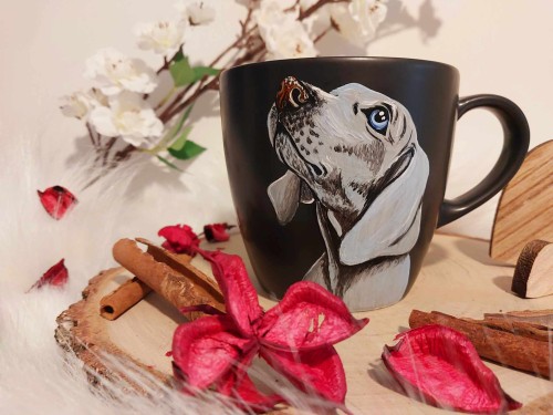 Wyjątkowy, ręcznie malowany kubek Wyżeł Weimarski.