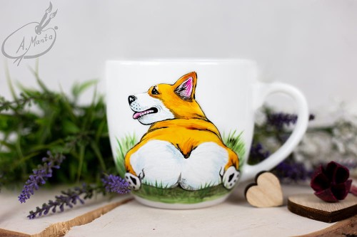 Wyjątkowy, ręcznie malowany kubek pies Welsh Corgi.
