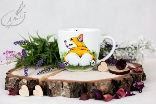 Wyjątkowy, ręcznie malowany kubek pies Welsh Corgi.