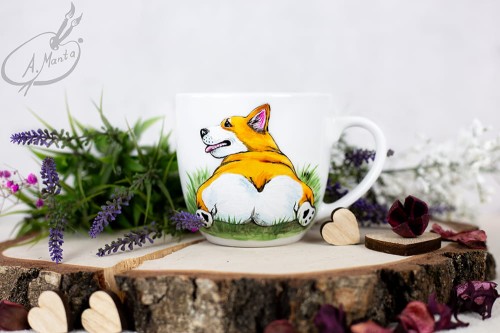 Wyjątkowy, ręcznie malowany kubek pies Welsh Corgi.