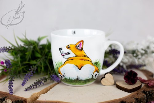 Wyjątkowy, ręcznie malowany kubek pies Welsh Corgi.