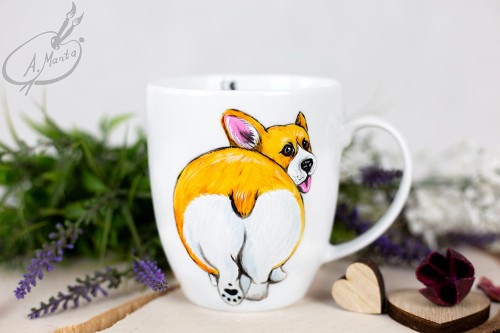 Wyjątkowy, ręcznie malowany kubek pies Welsh Corgi.
