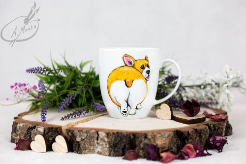 Wyjątkowy, ręcznie malowany kubek pies Welsh Corgi.