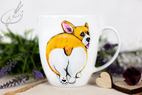 Wyjątkowy, ręcznie malowany kubek pies Welsh Corgi.