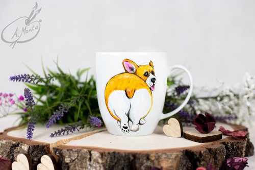 Wyjątkowy, ręcznie malowany kubek pies Welsh Corgi.