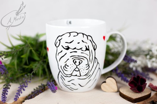 Kubek ręcznie malowany Pies rasy Shar Pei  walentynki serduszka