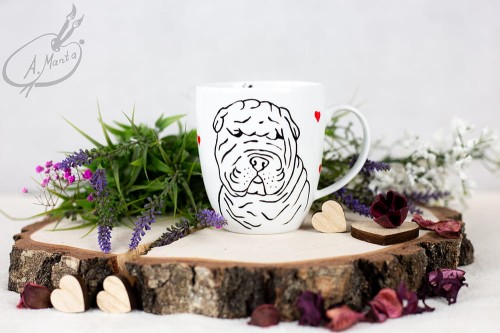 Wyjątkowy, ręcznie malowany kubek Shar Pei walentynki.
