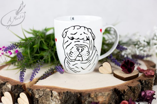 Wyjątkowy, ręcznie malowany kubek Shar Pei walentynki.