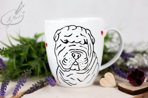 Wyjątkowy, ręcznie malowany kubek Shar Pei walentynki.