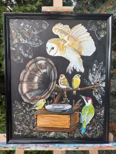 Obraz ręcznie malowany na płótnie Sowa i Gramofon