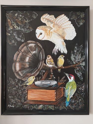 Obraz ręcznie malowany na płótnie Sowa i Gramofon