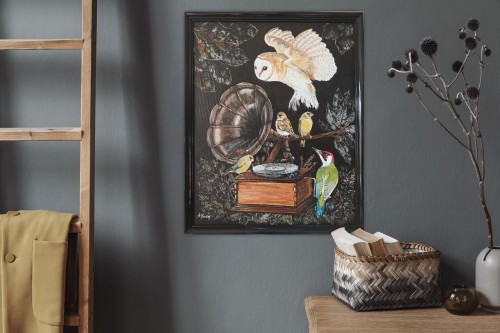 Obraz ręcznie malowany na płótnie Sowa i Gramofon