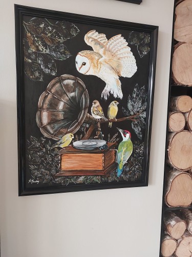 Obraz ręcznie malowany na płótnie Sowa i Gramofon