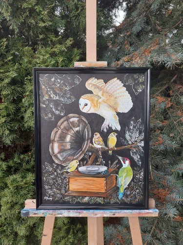 Obraz ręcznie malowany na płótnie Sowa i Gramofon