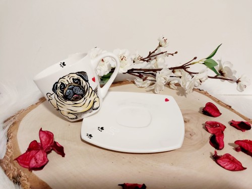 Wyjątkowa, ręcznie malowana filiżanka Mops