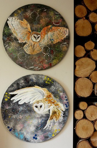 Obraz ręcznie malowany na płótnie sowa płomykówka - dyptyk