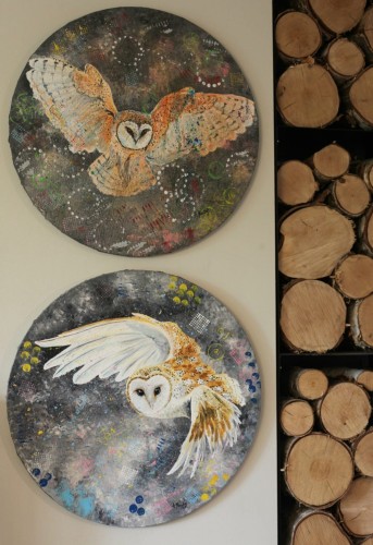 Obraz ręcznie malowany na płótnie sowa płomykówka - dyptyk