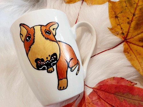 Wyjątkowy, ręcznie malowany kubek Bulterier złoty