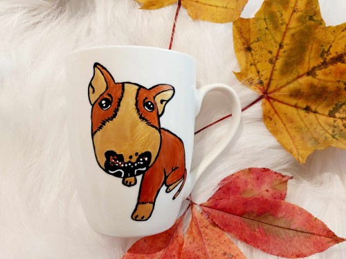 Wyjątkowy, ręcznie malowany kubek Bulterier złoty