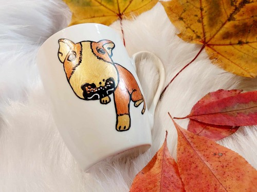 Wyjątkowy, ręcznie malowany kubek Bulterier złoty