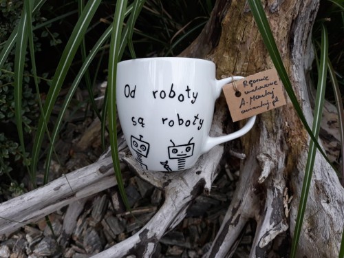 Unikatowy Kubek ręcznie malowany Od roboty są roboty XXL