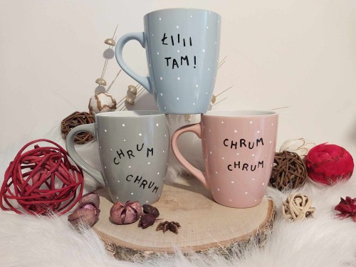 Wyjątkowy, ręcznie malowany zestaw 3 kubków Świnki