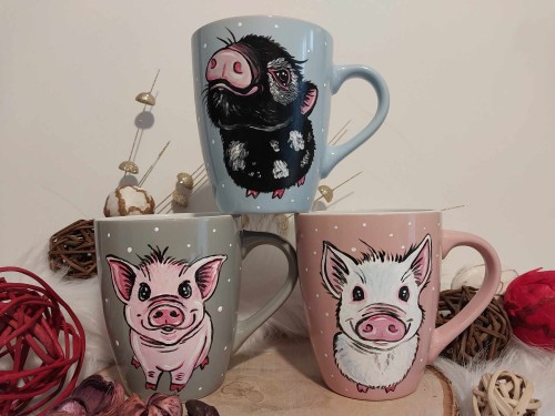 Wyjątkowy, ręcznie malowany zestaw 3 kubków Świnki