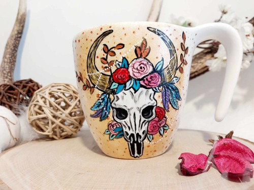 Wyjątkowy, ręcznie malowany kubek Czaszka, Szaman.