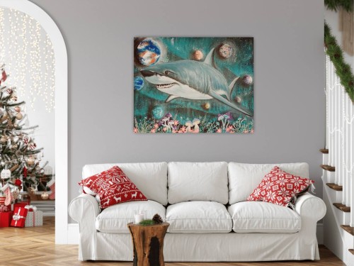 Obraz ręcznie malowany na płótnie Rekin i Kosmos