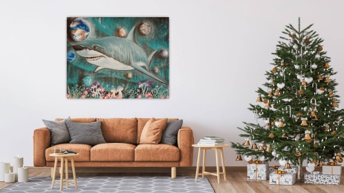 Obraz ręcznie malowany na płótnie Rekin i Kosmos