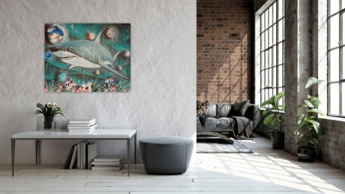 Obraz ręcznie malowany na płótnie Rekin i Kosmos