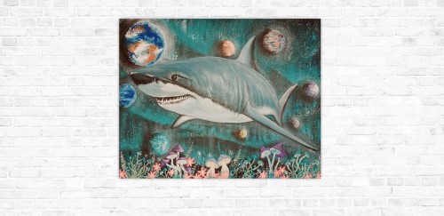 Obraz ręcznie malowany na płótnie Rekin i Kosmos