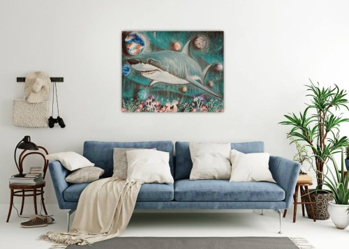 Obraz ręcznie malowany na płótnie Rekin i Kosmos