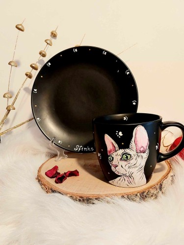 Wyjątkowy, ręcznie malowany zestaw śniadaniowy Kot Sfinks